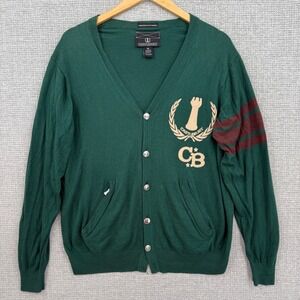 Castlebury Mens Green Cardigan‎ Sweater M Chest Logo Ribbed Cuffs Pockets Preppy